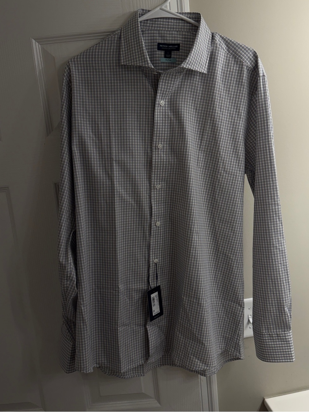 Peter Millar Men's Gray and White Checked Dress Shirt